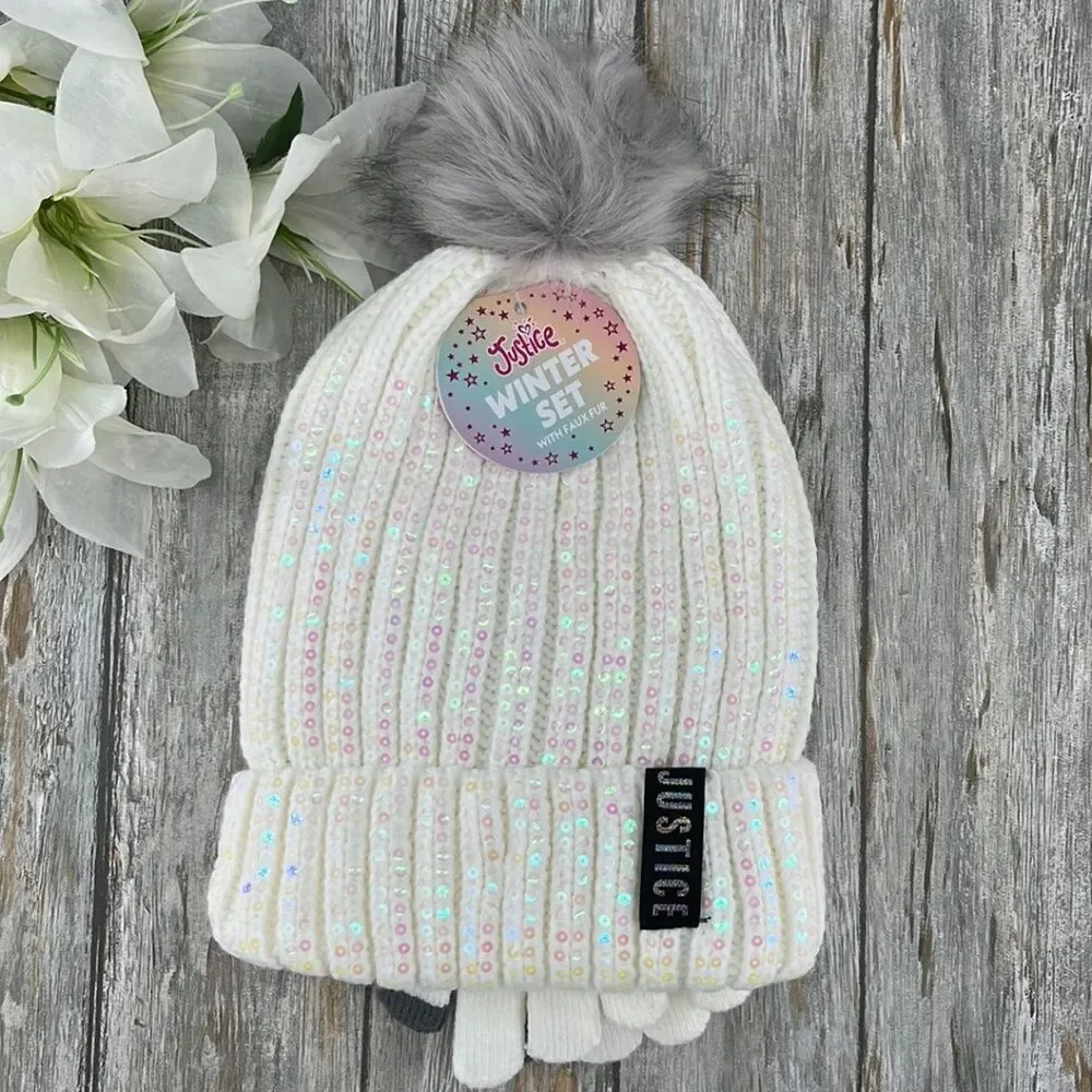 Girls Justice Ribbed & Full Print Winter Cozy Beanie and Gloves 2, 2-Piece Set